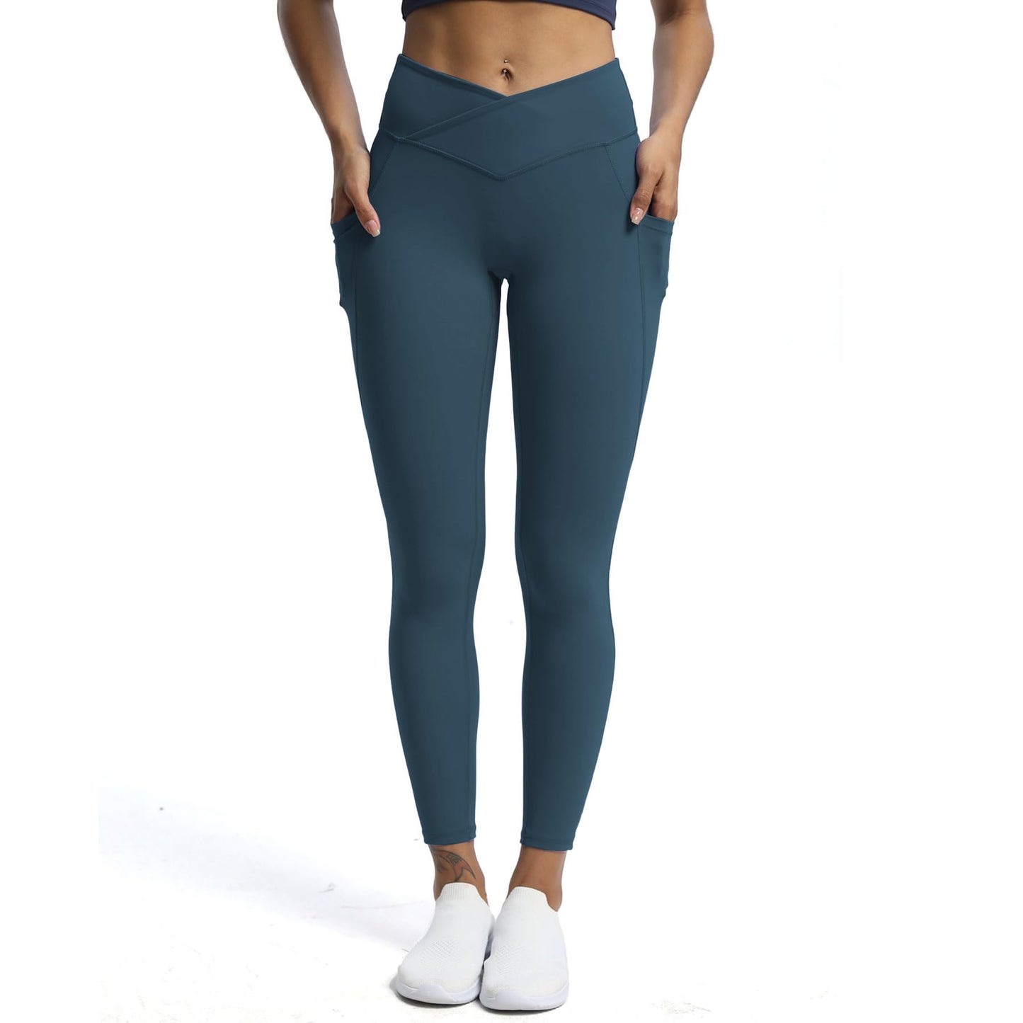 Aoxjox Trinity High Waisted Yoga Pants with Pockets for Women Tummy Control Cross-Waist Crossover Workout Leggings 26''