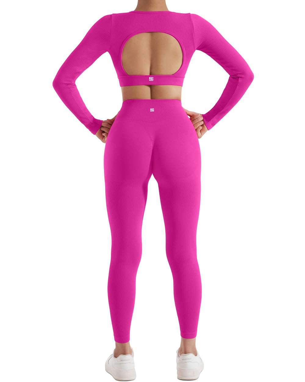 SUUKSESS Open Back Long Sleeve Scrunch Butt Booty Leggings Seamless Ribbed Workout Sets 2 Piece Outfits