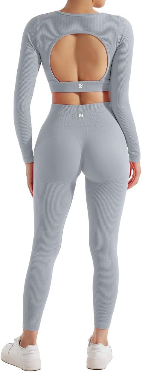 SUUKSESS Open Back Long Sleeve Scrunch Butt Booty Leggings Seamless Ribbed Workout Sets 2 Piece Outfits