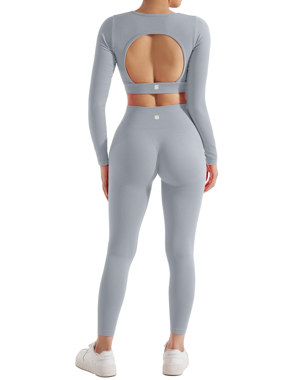 SUUKSESS Open Back Long Sleeve Scrunch Butt Booty Leggings Seamless Ribbed Workout Sets 2 Piece Outfits