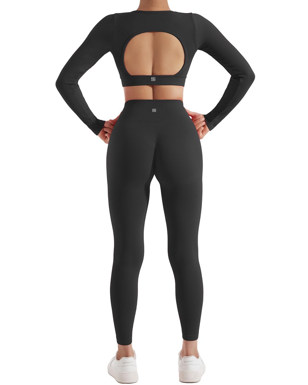 SUUKSESS Open Back Long Sleeve Scrunch Butt Booty Leggings Seamless Ribbed Workout Sets 2 Piece Outfits