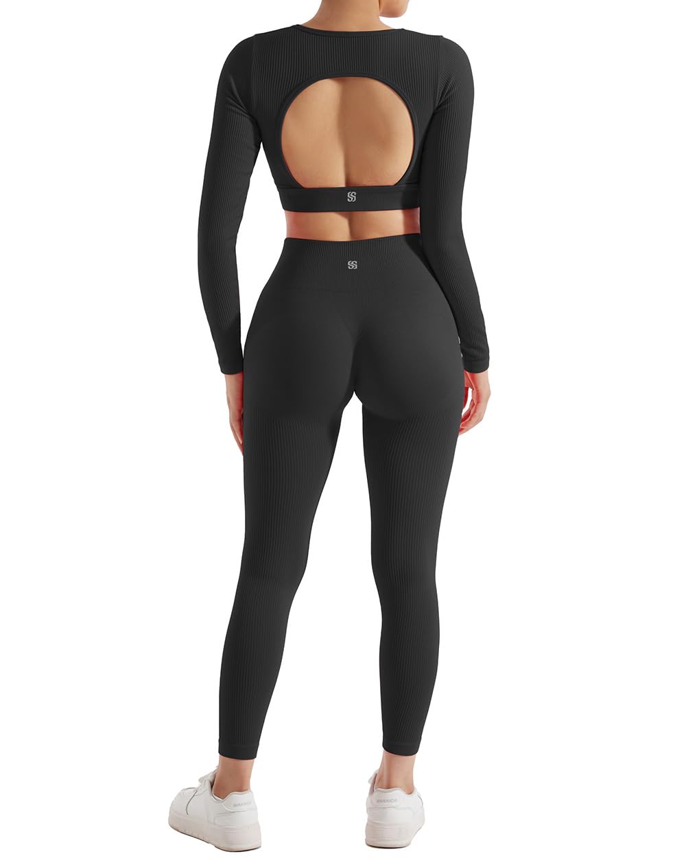 SUUKSESS Open Back Long Sleeve Scrunch Butt Booty Leggings Seamless Ribbed Workout Sets 2 Piece Outfits