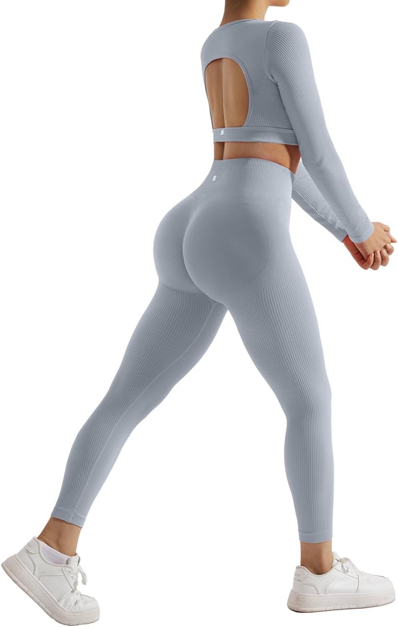 SUUKSESS Open Back Long Sleeve Scrunch Butt Booty Leggings Seamless Ribbed Workout Sets 2 Piece Outfits