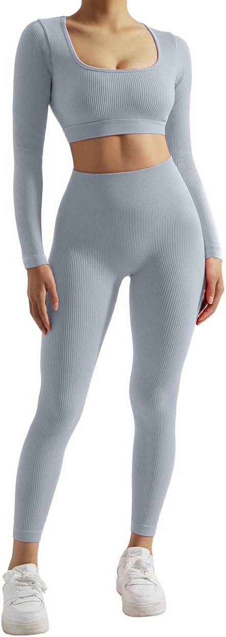 SUUKSESS Open Back Long Sleeve Scrunch Butt Booty Leggings Seamless Ribbed Workout Sets 2 Piece Outfits