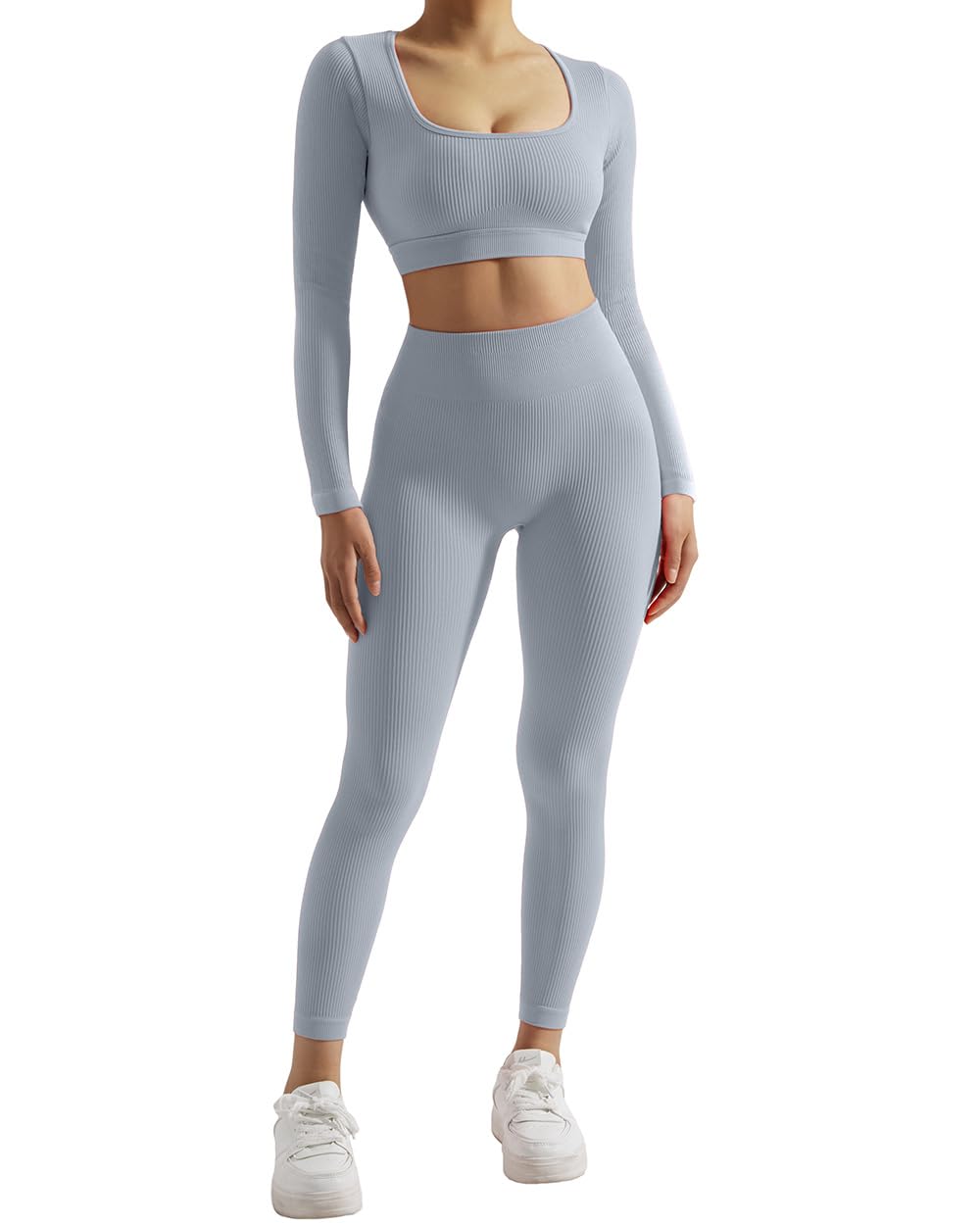 SUUKSESS Open Back Long Sleeve Scrunch Butt Booty Leggings Seamless Ribbed Workout Sets 2 Piece Outfits