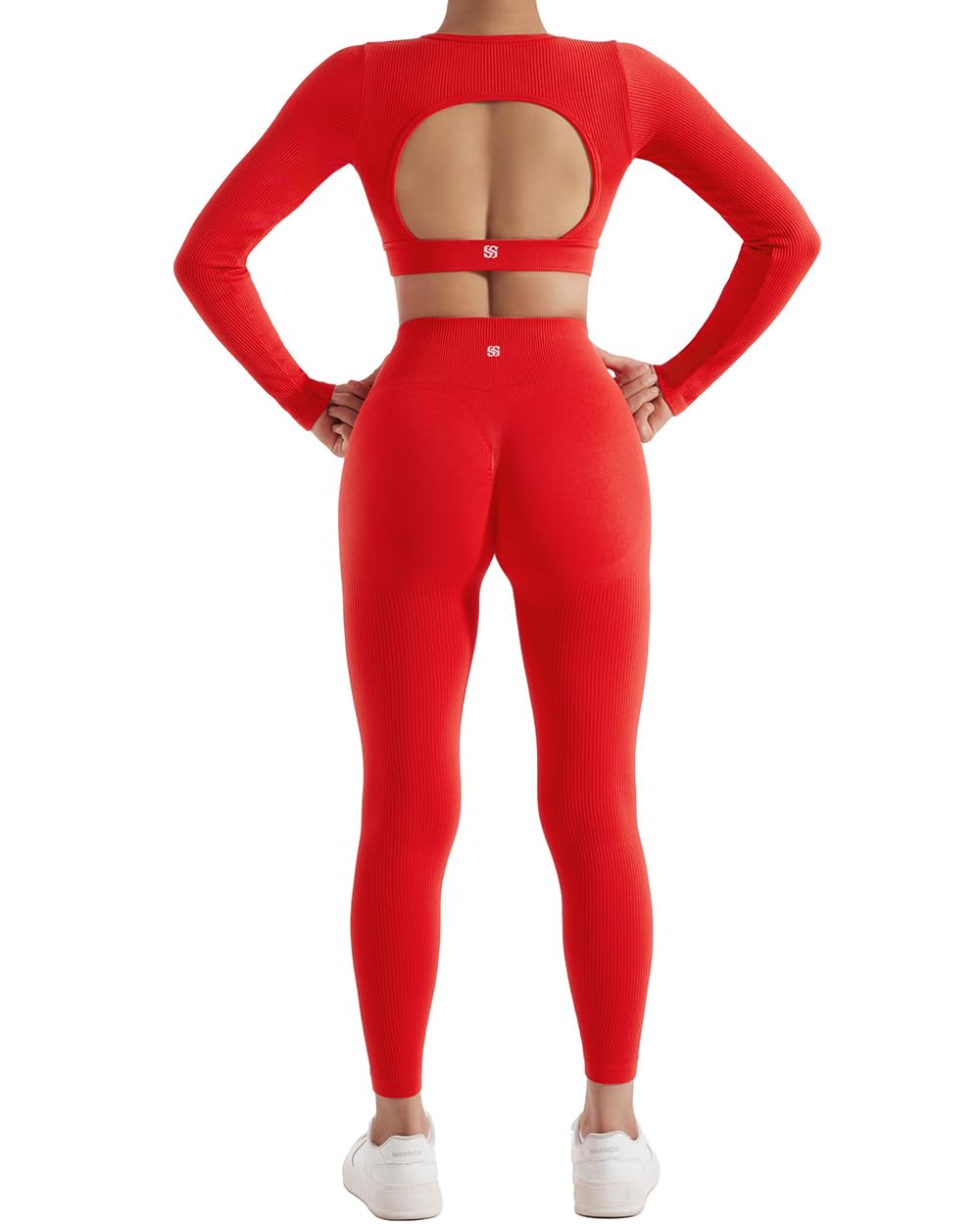 SUUKSESS Open Back Long Sleeve Scrunch Butt Booty Leggings Seamless Ribbed Workout Sets 2 Piece Outfits