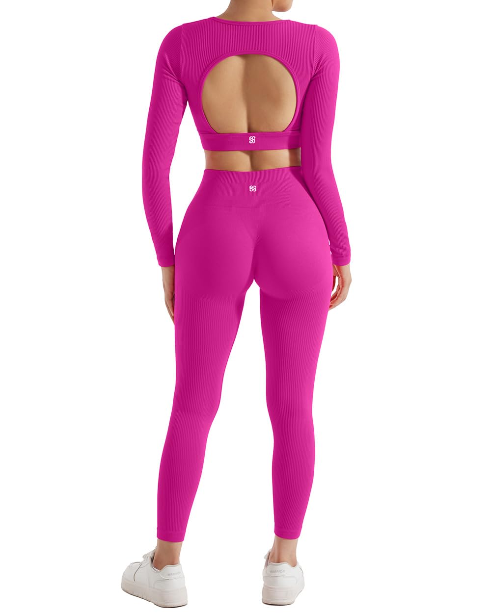 SUUKSESS Open Back Long Sleeve Scrunch Butt Booty Leggings Seamless Ribbed Workout Sets 2 Piece Outfits