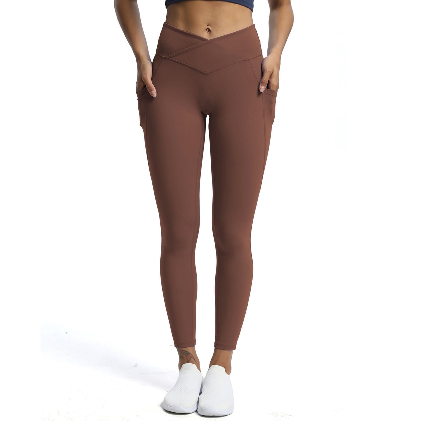 Aoxjox Trinity High Waisted Yoga Pants with Pockets for Women Tummy Control Cross-Waist Crossover Workout Leggings 26''