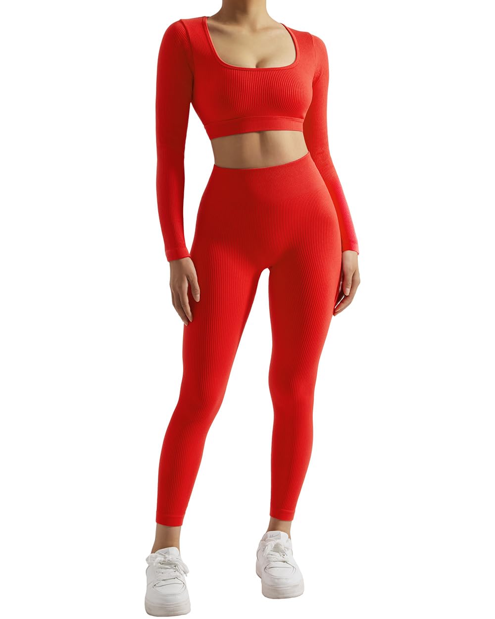 SUUKSESS Open Back Long Sleeve Scrunch Butt Booty Leggings Seamless Ribbed Workout Sets 2 Piece Outfits