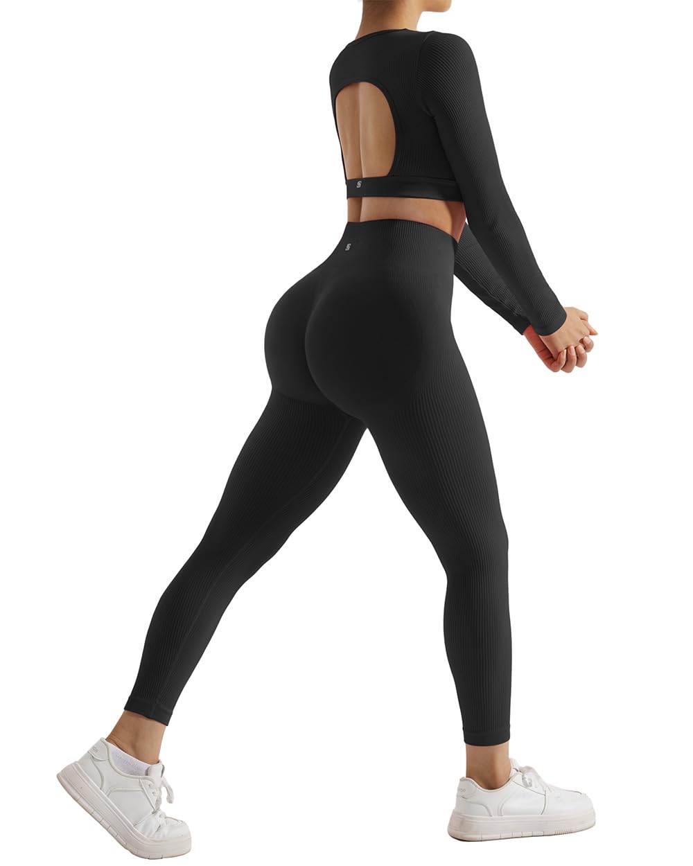 SUUKSESS Open Back Long Sleeve Scrunch Butt Booty Leggings Seamless Ribbed Workout Sets 2 Piece Outfits