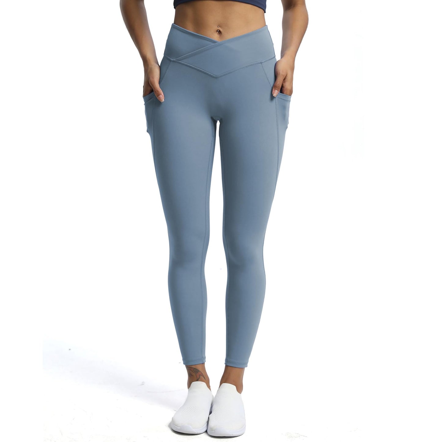 Aoxjox Trinity High Waisted Yoga Pants with Pockets for Women Tummy Control Cross-Waist Crossover Workout Leggings 26''