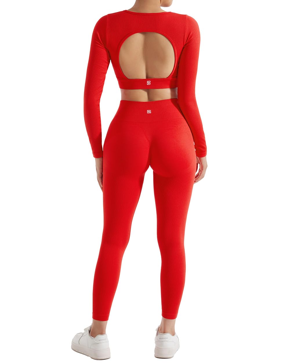 SUUKSESS Open Back Long Sleeve Scrunch Butt Booty Leggings Seamless Ribbed Workout Sets 2 Piece Outfits