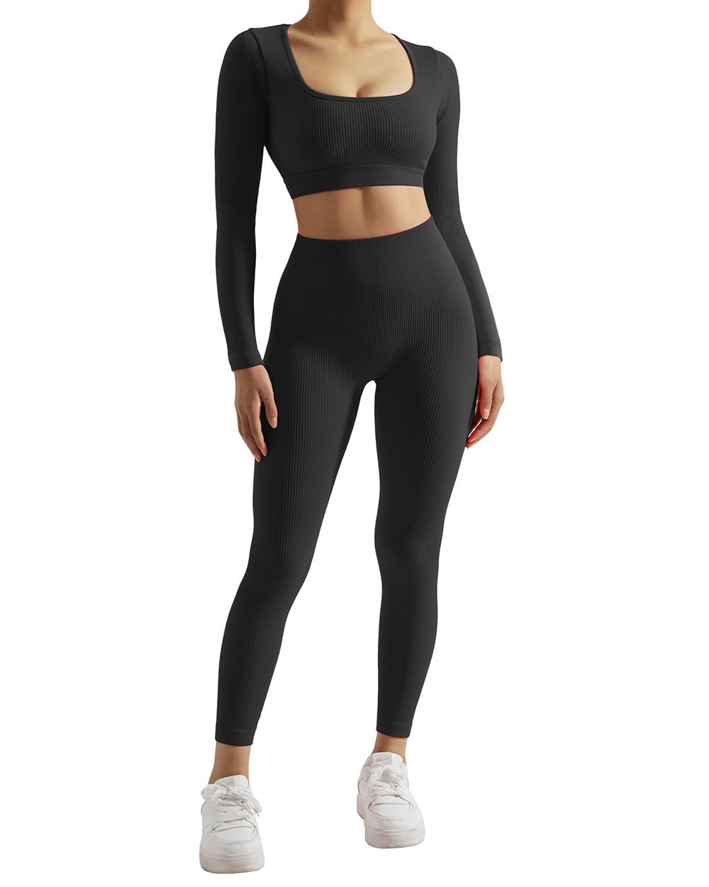 SUUKSESS Open Back Long Sleeve Scrunch Butt Booty Leggings Seamless Ribbed Workout Sets 2 Piece Outfits