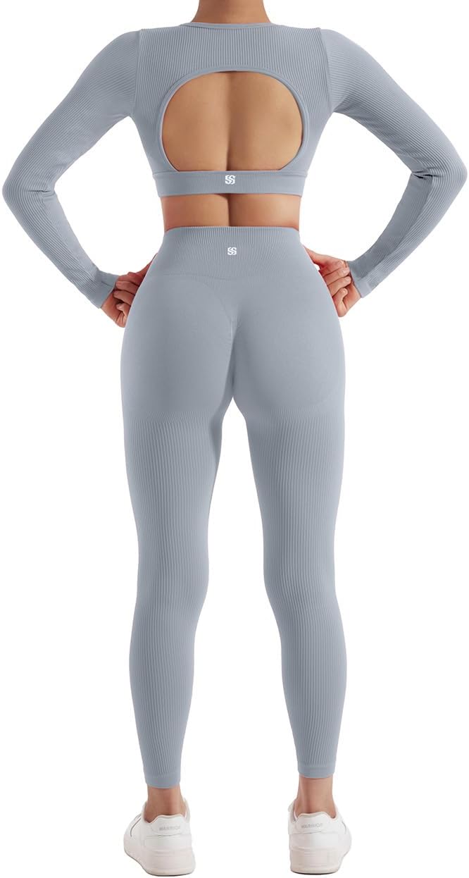 SUUKSESS Open Back Long Sleeve Scrunch Butt Booty Leggings Seamless Ribbed Workout Sets 2 Piece Outfits