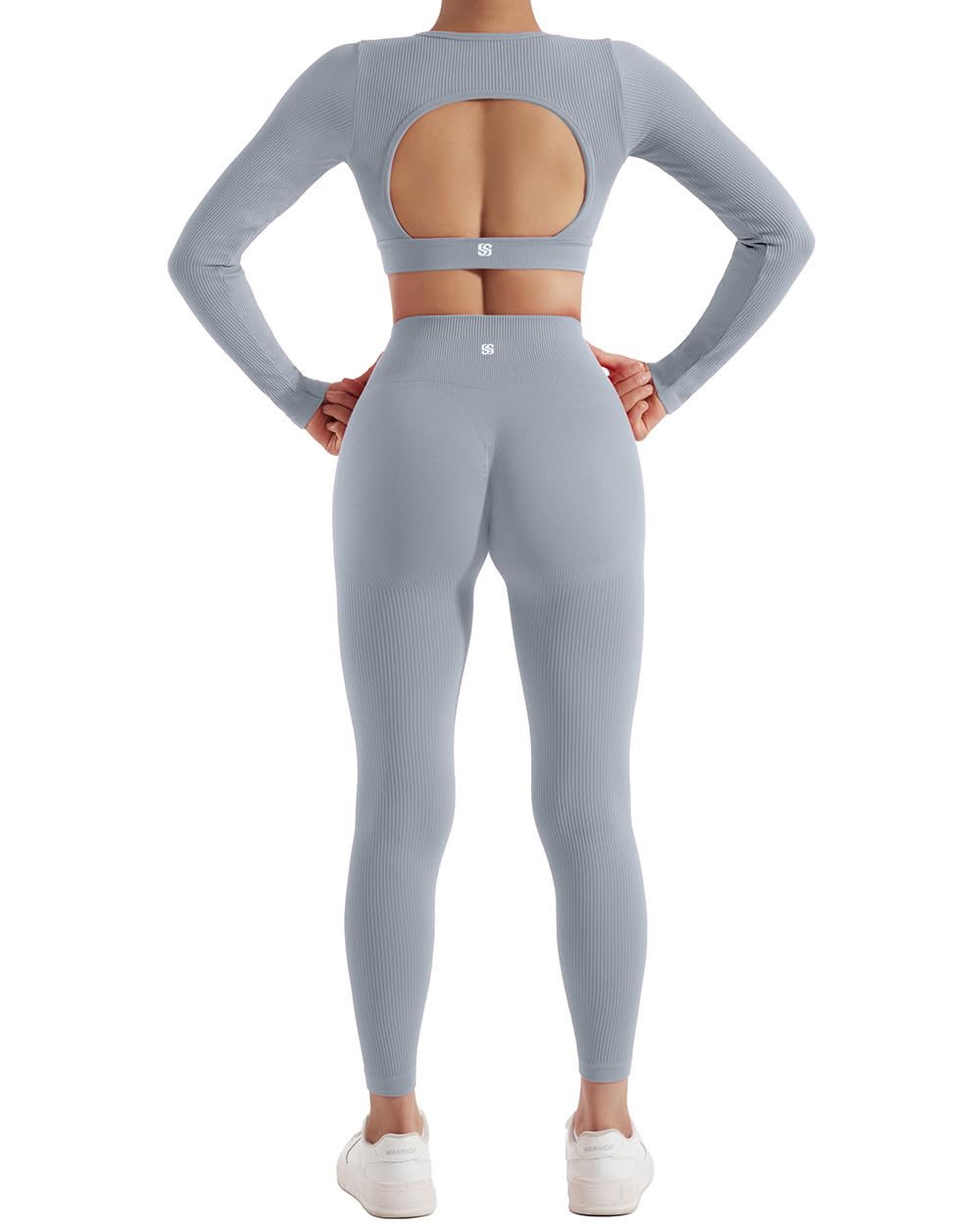 SUUKSESS Open Back Long Sleeve Scrunch Butt Booty Leggings Seamless Ribbed Workout Sets 2 Piece Outfits