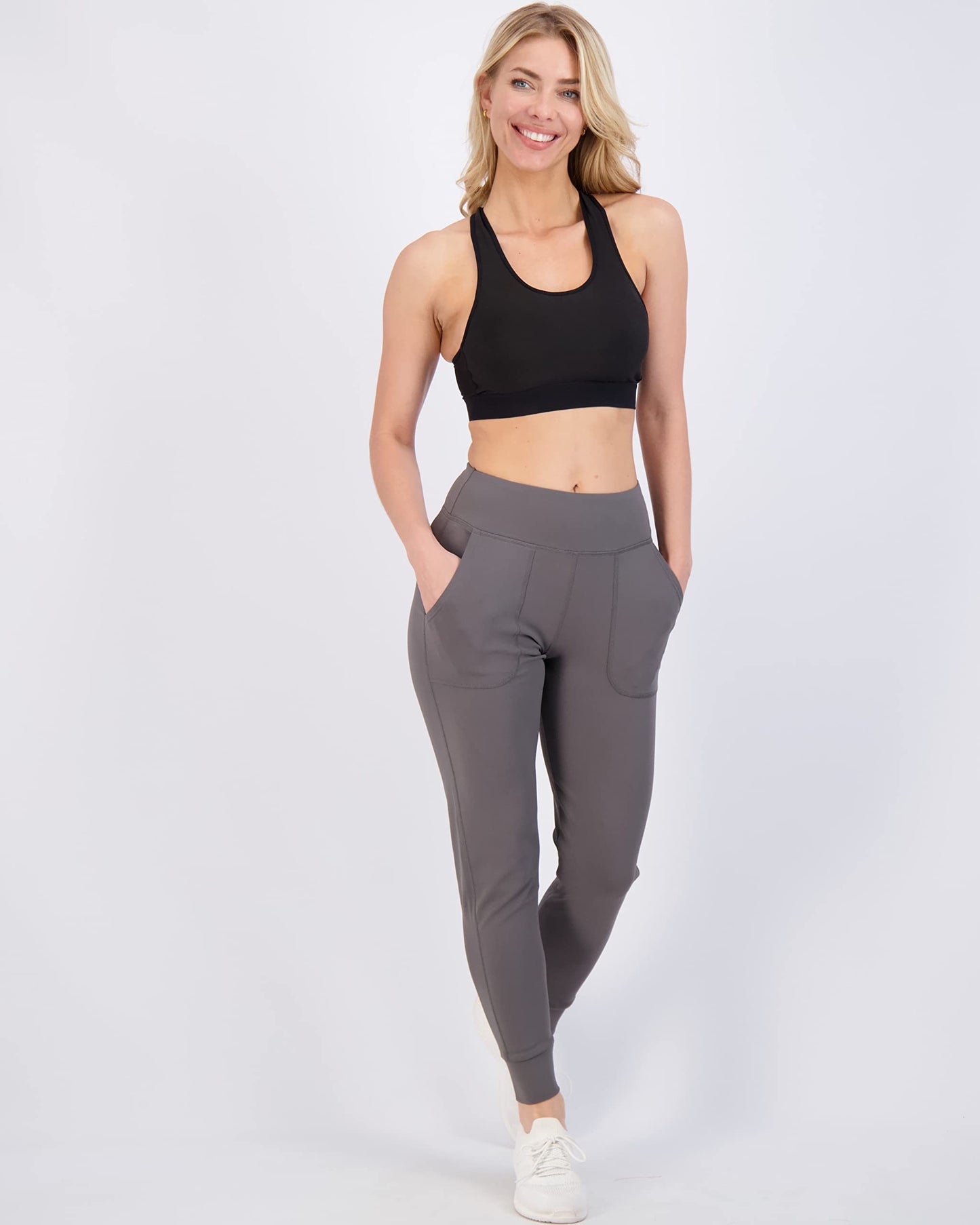 Real Essentials 3 Pack: Women's Joggers with Pockets - High Waist Workout Yoga Tapered Athletic Leggings (Available in Plus)