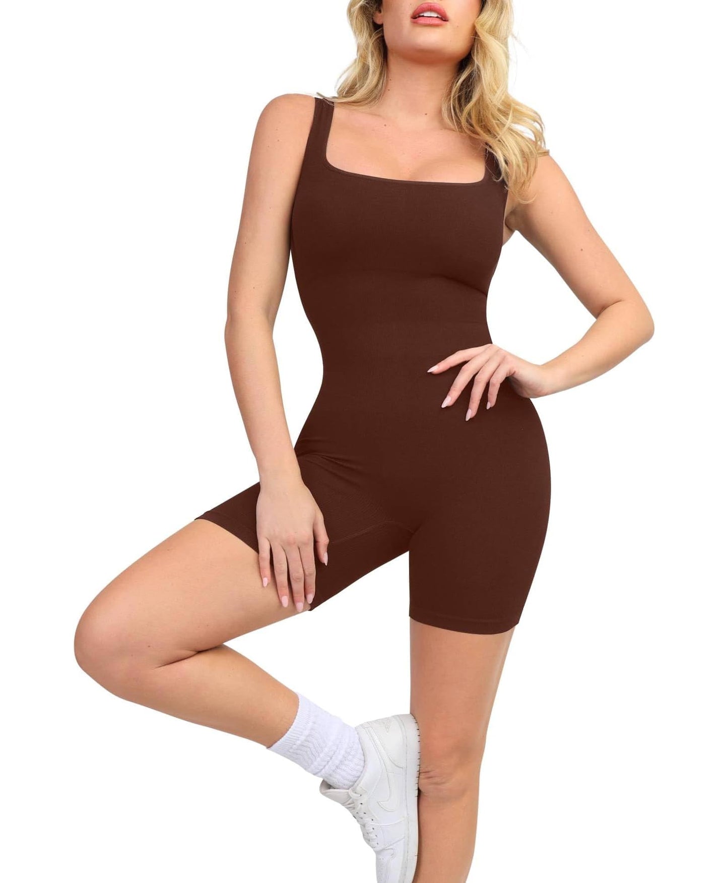 Popilush Shapewear Jumpsuits for Women Built-in Bra Square Neck Rompers Shorts Bodycon Bodysuits Summer Outfits