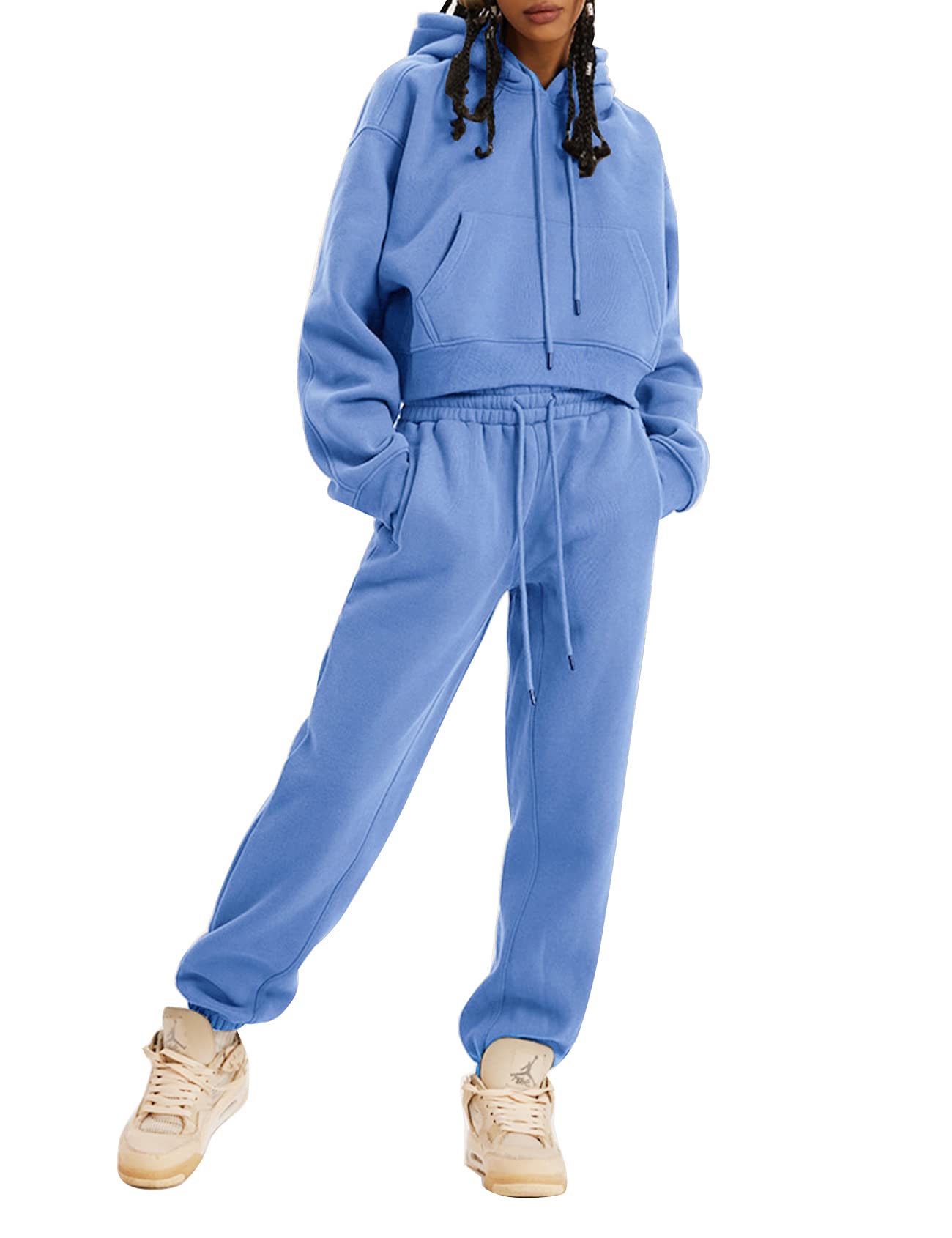 Kissonic Women's Fleece Jogger Sets 2 Pieces Sweatsuits Outfits Crop Top Hoodies Jogger Pants