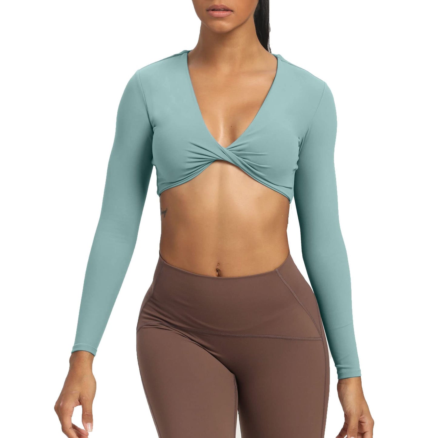 Aoxjox Long Sleeve Crop Tops for Women Sienna Twist Deep V Workout Crop T Shirt Top