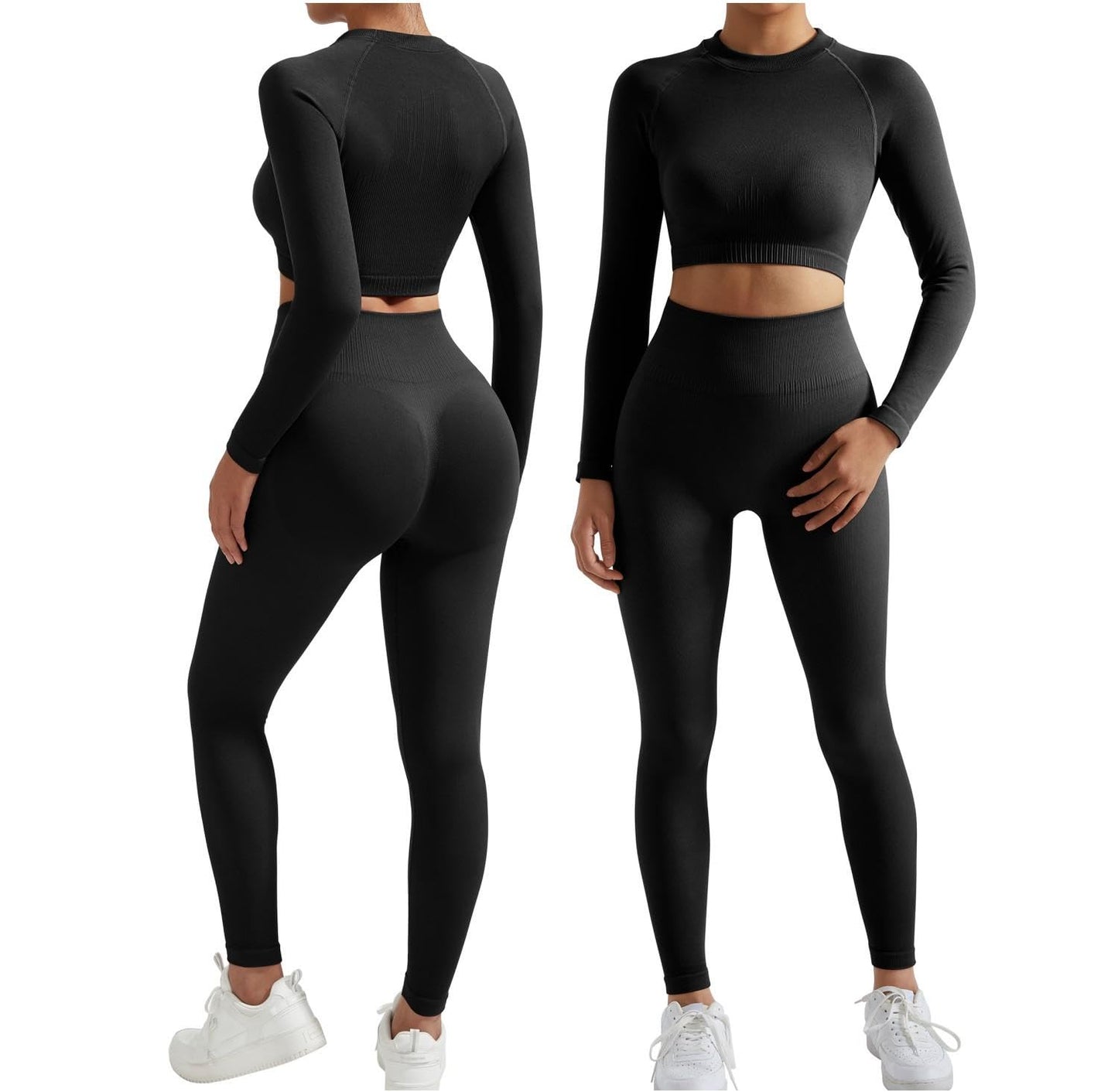 RXRXCOCO Seamless Workout Sets for Women 2 Piece Hidden Scrunch Butt Lifting Leggings Raglan Sleeves Crop Tops Matching