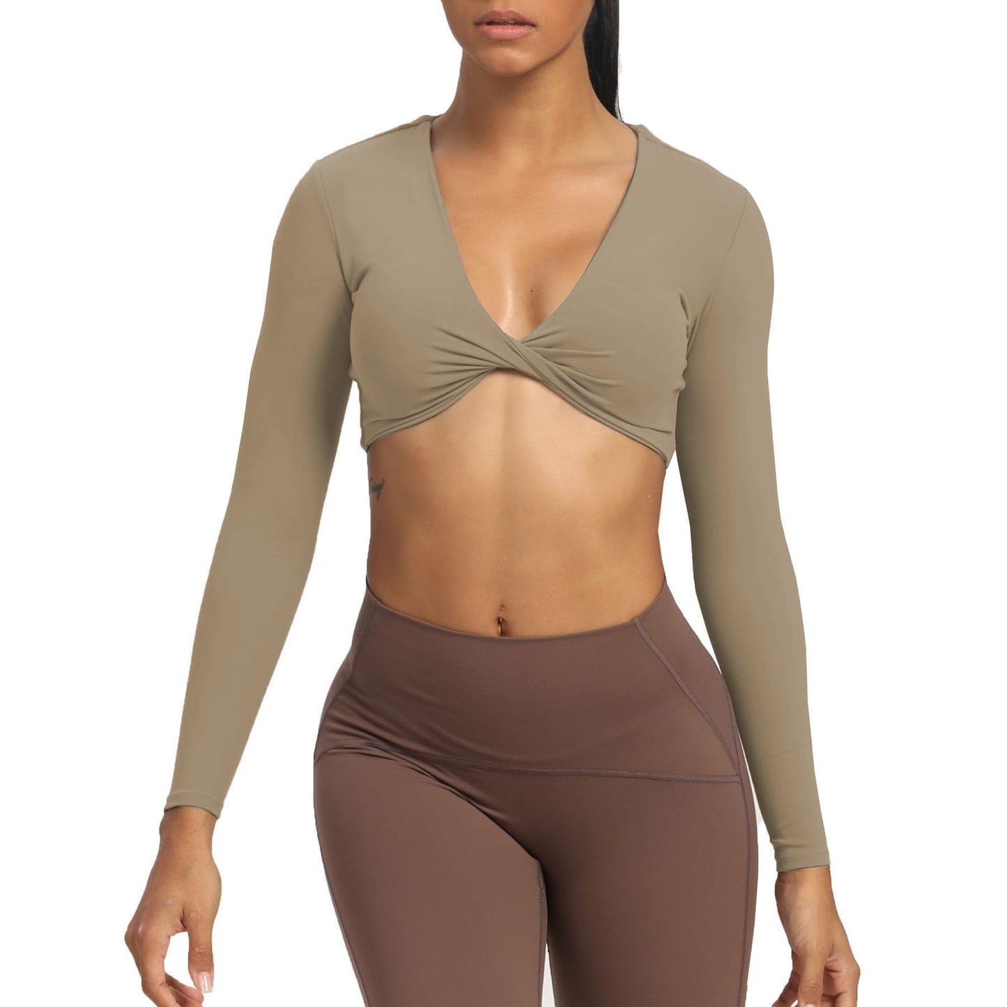 Aoxjox Long Sleeve Crop Tops for Women Sienna Twist Deep V Workout Crop T Shirt Top