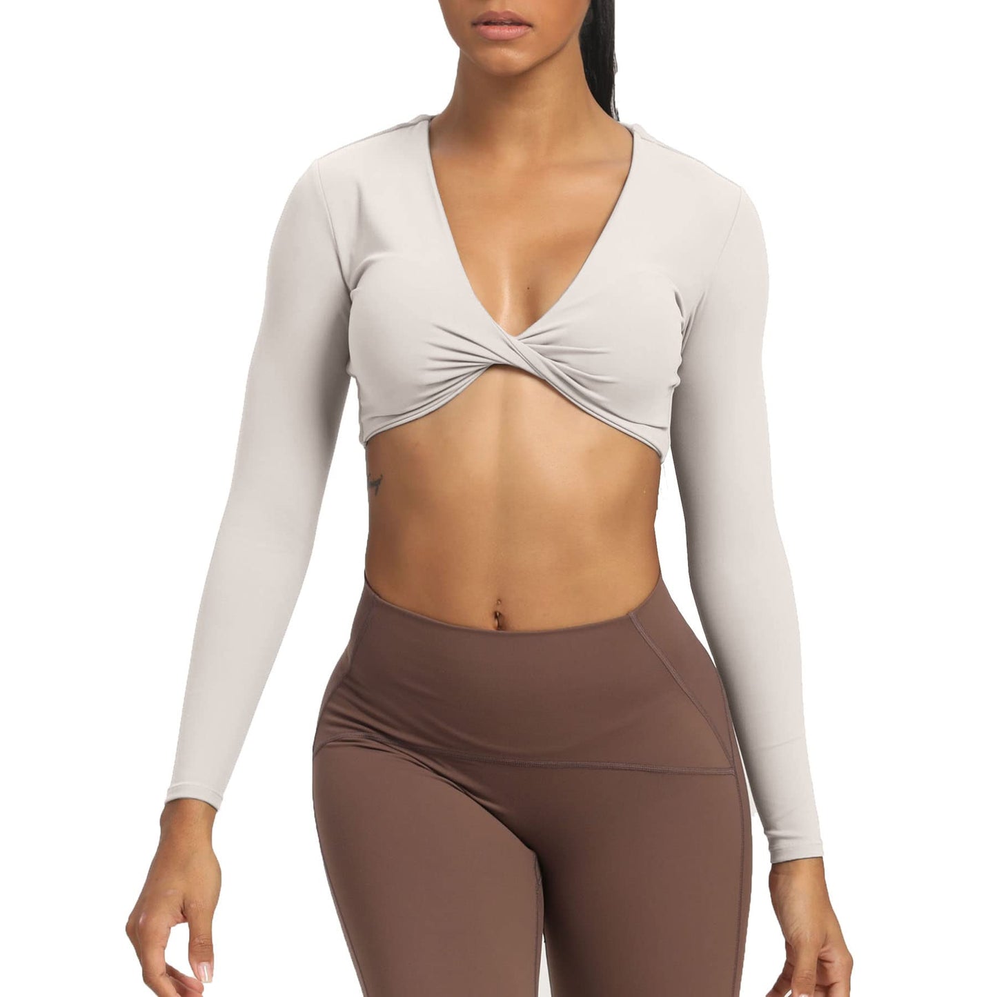 Aoxjox Long Sleeve Crop Tops for Women Sienna Twist Deep V Workout Crop T Shirt Top