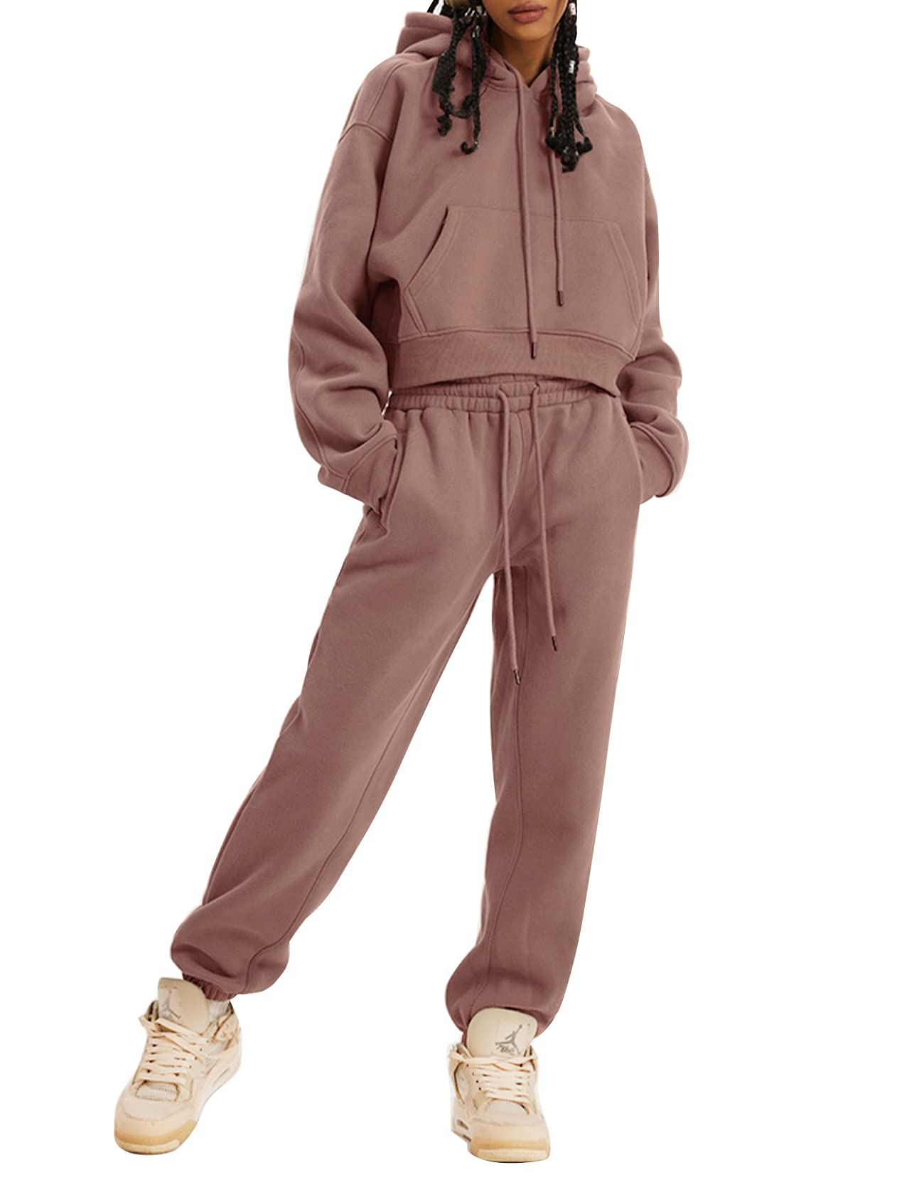 Kissonic Women's Fleece Jogger Sets 2 Pieces Sweatsuits Outfits Crop Top Hoodies Jogger Pants