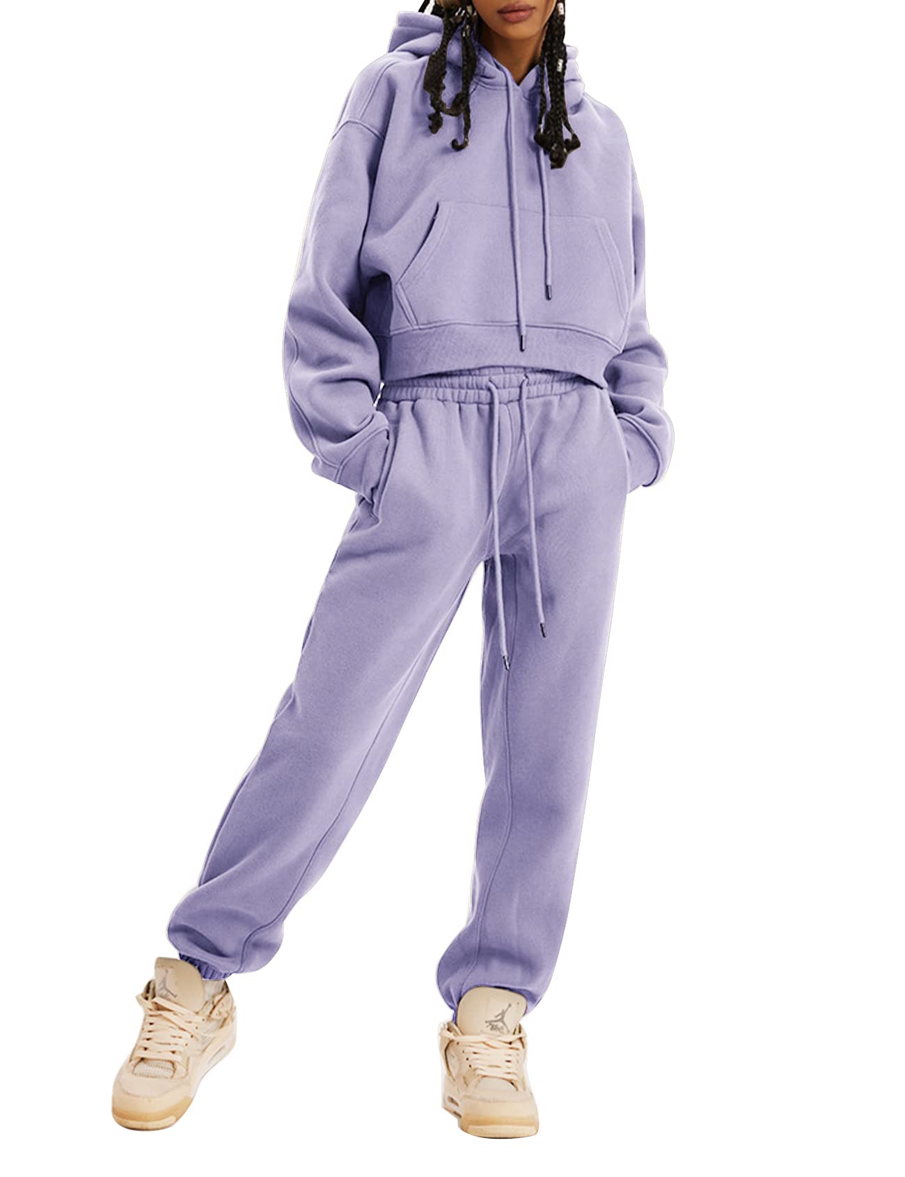 Kissonic Women's Fleece Jogger Sets 2 Pieces Sweatsuits Outfits Crop Top Hoodies Jogger Pants