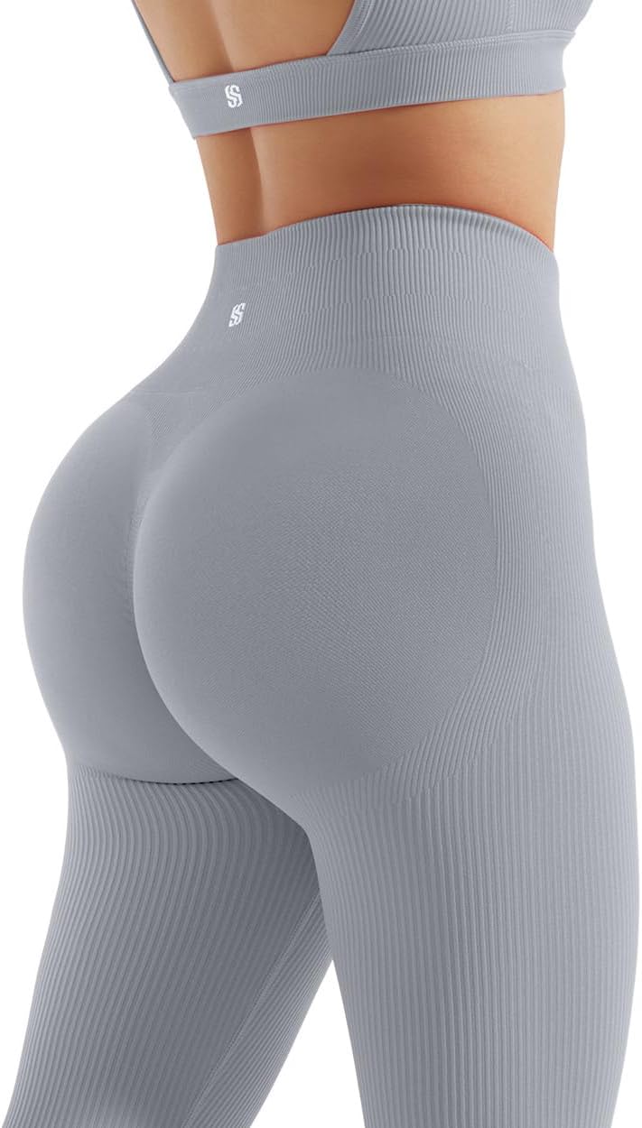 SUUKSESS Open Back Long Sleeve Scrunch Butt Booty Leggings Seamless Ribbed Workout Sets 2 Piece Outfits