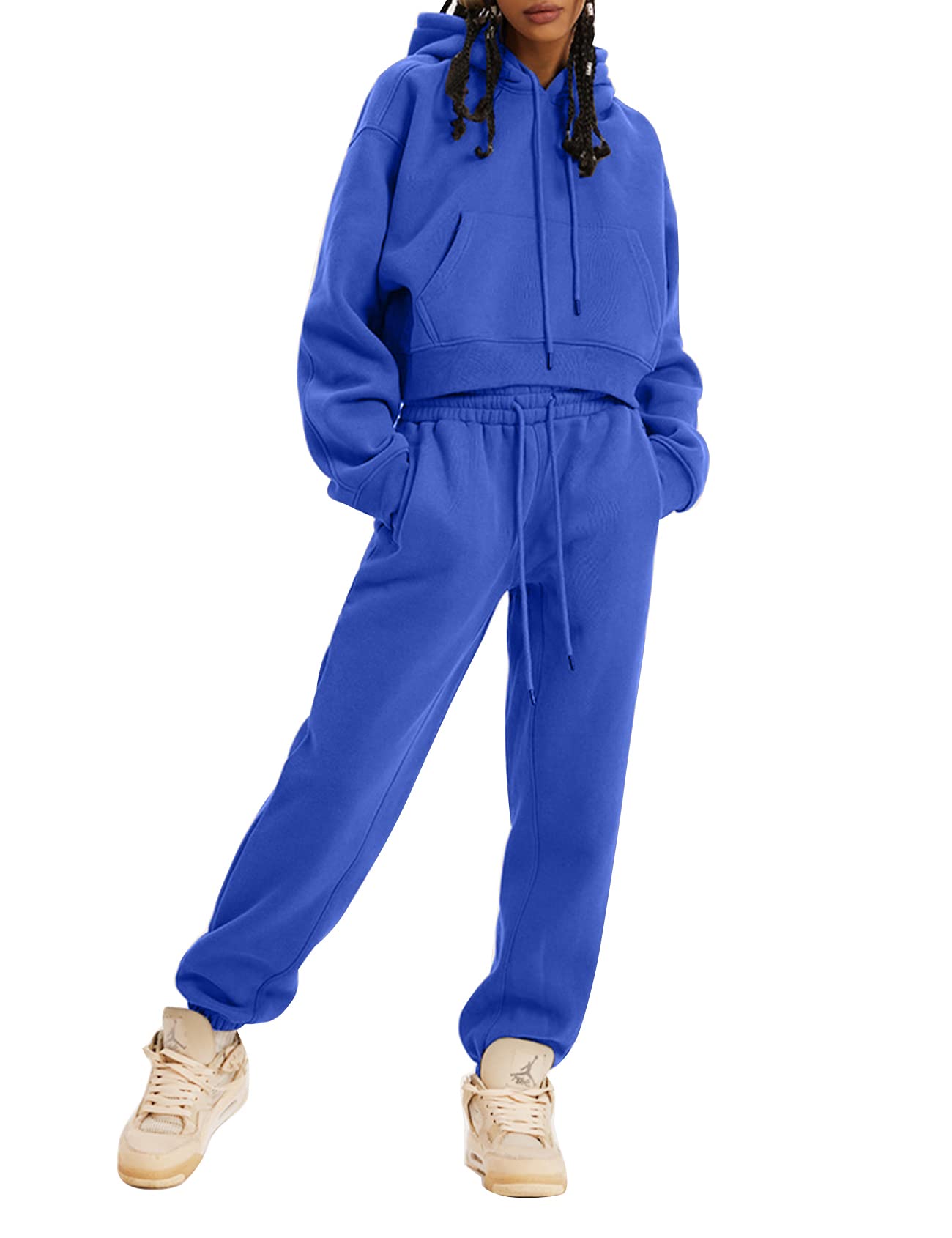 Kissonic Women's Fleece Jogger Sets 2 Pieces Sweatsuits Outfits Crop Top Hoodies Jogger Pants