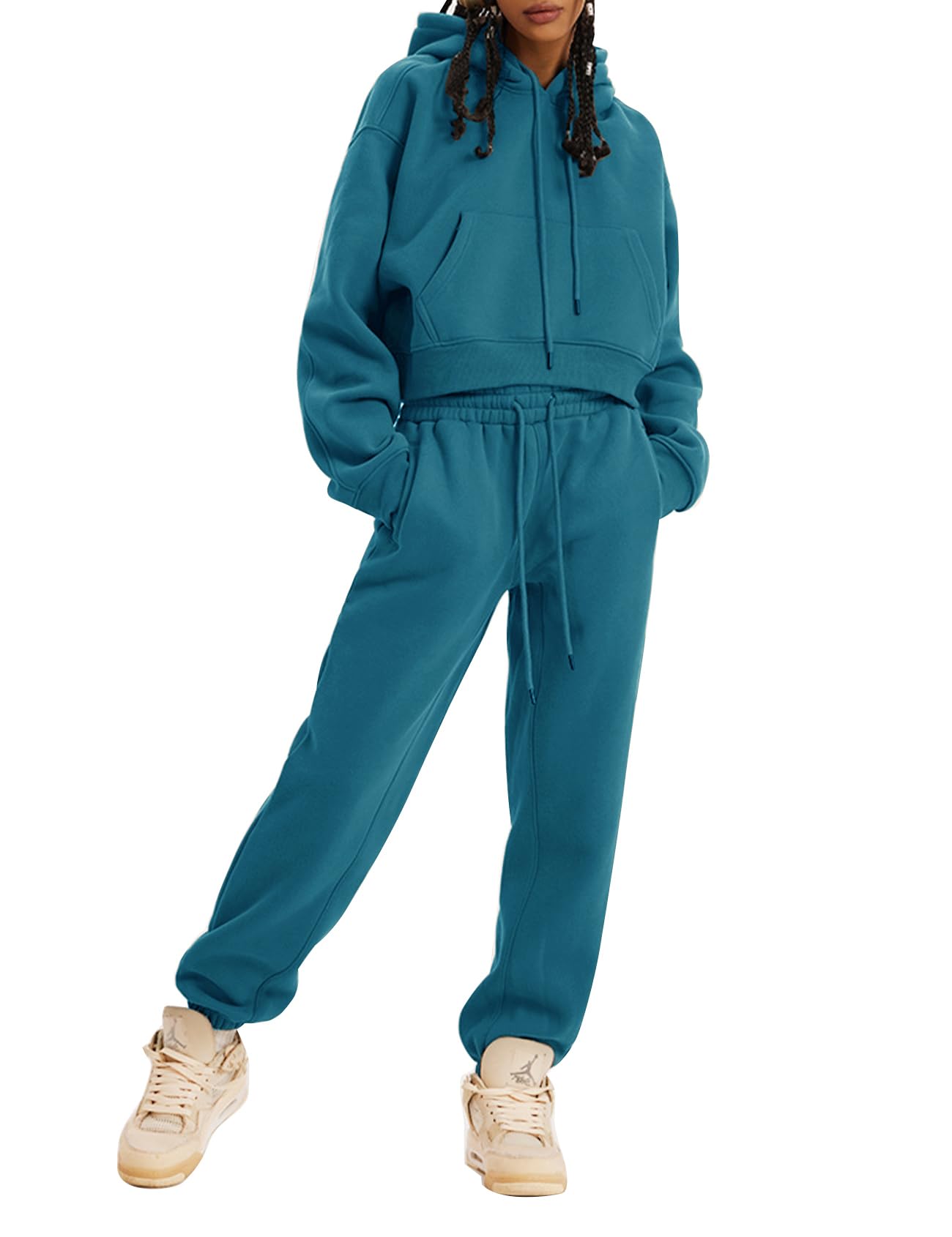 Kissonic Women's Fleece Jogger Sets 2 Pieces Sweatsuits Outfits Crop Top Hoodies Jogger Pants