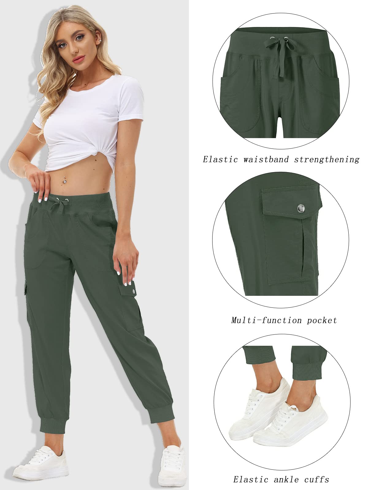 MoFiz Women's Lightweight Hiking Cargo Pants Outdoor Quick Dry Casual Travel Sweatpants Joggers Elastic Waist Button Pockets