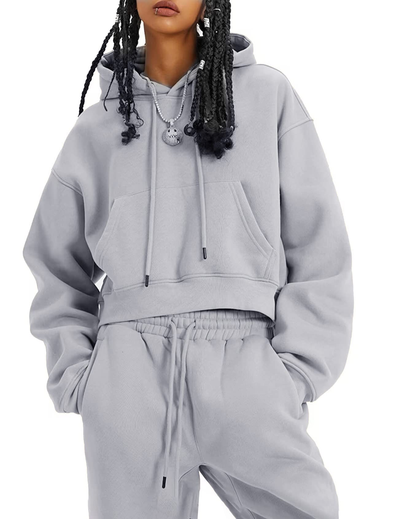 Kissonic Women's Fleece Jogger Sets 2 Pieces Sweatsuits Outfits Crop Top Hoodies Jogger Pants