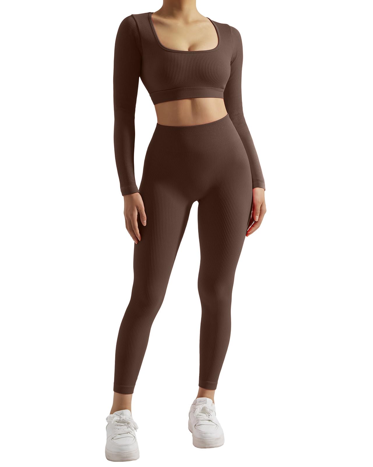 SUUKSESS Open Back Long Sleeve Scrunch Butt Booty Leggings Seamless Ribbed Workout Sets 2 Piece Outfits