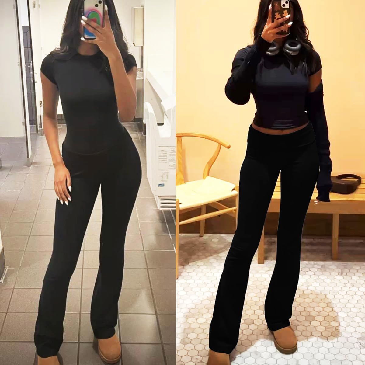 ZFLM Casual Workout Two Piece Outfits for Women Short Sleeve Crop High Waist Foldover Flare Pants Tracksuit Sets Streetwear