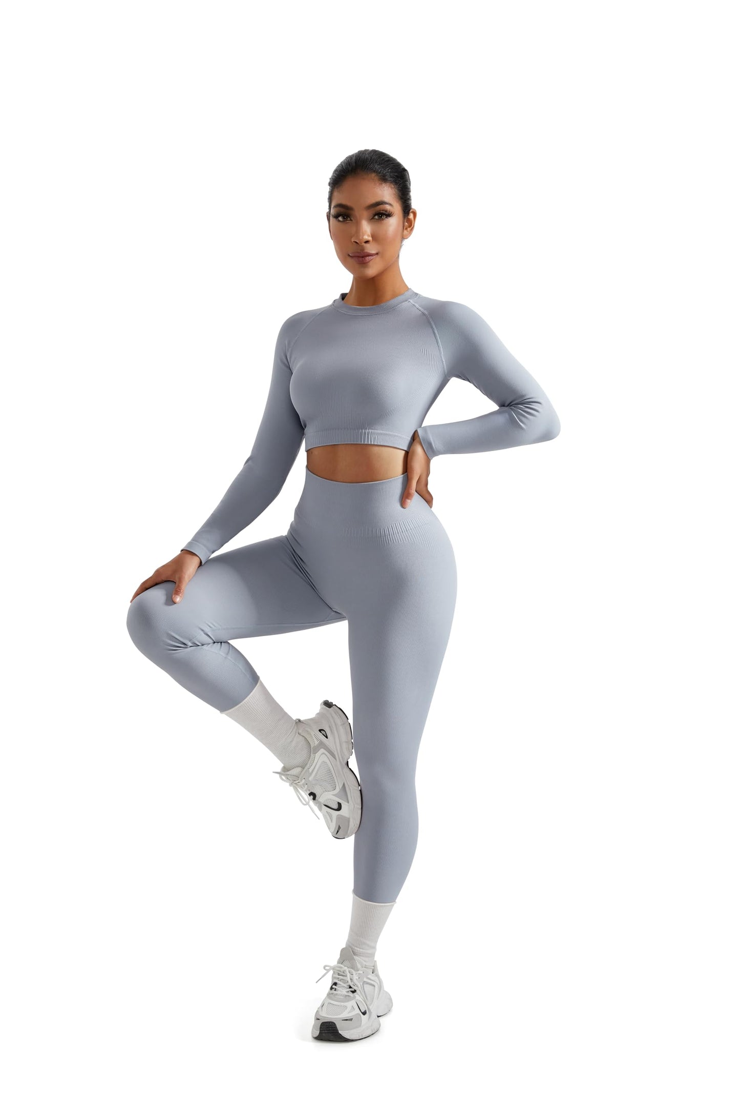 RXRXCOCO Seamless Workout Sets for Women 2 Piece Hidden Scrunch Butt Lifting Leggings Raglan Sleeves Crop Tops Matching