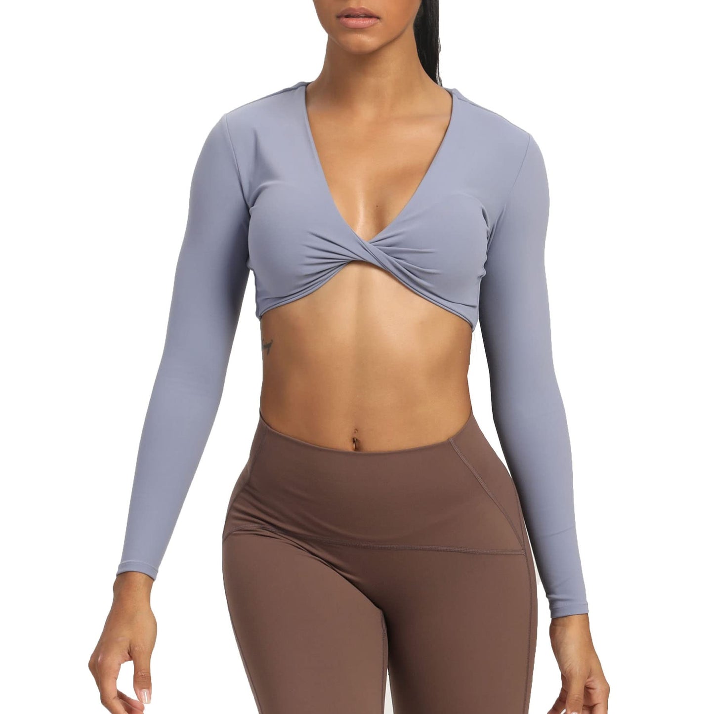 Aoxjox Long Sleeve Crop Tops for Women Sienna Twist Deep V Workout Crop T Shirt Top