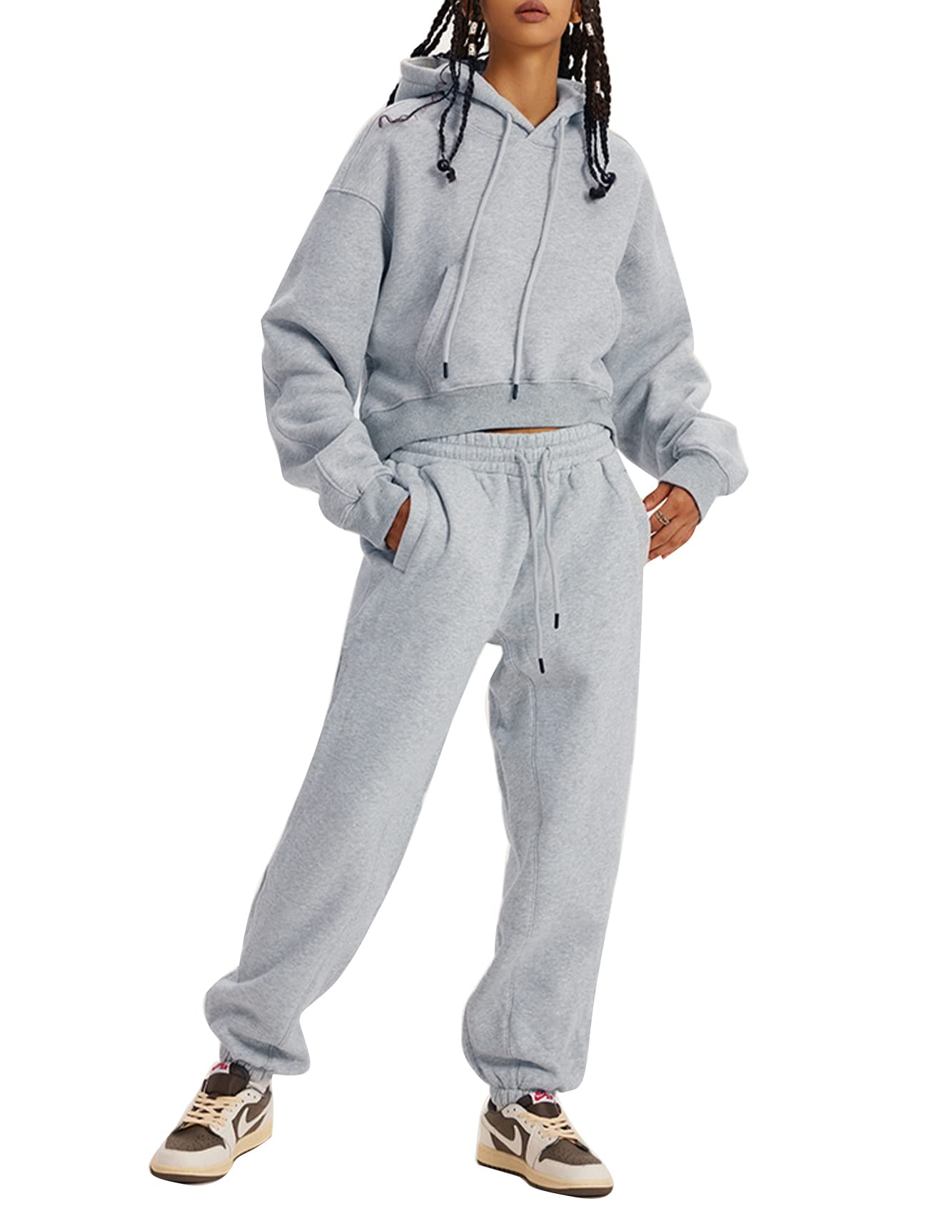 Kissonic Women's Fleece Jogger Sets 2 Pieces Sweatsuits Outfits Crop Top Hoodies Jogger Pants