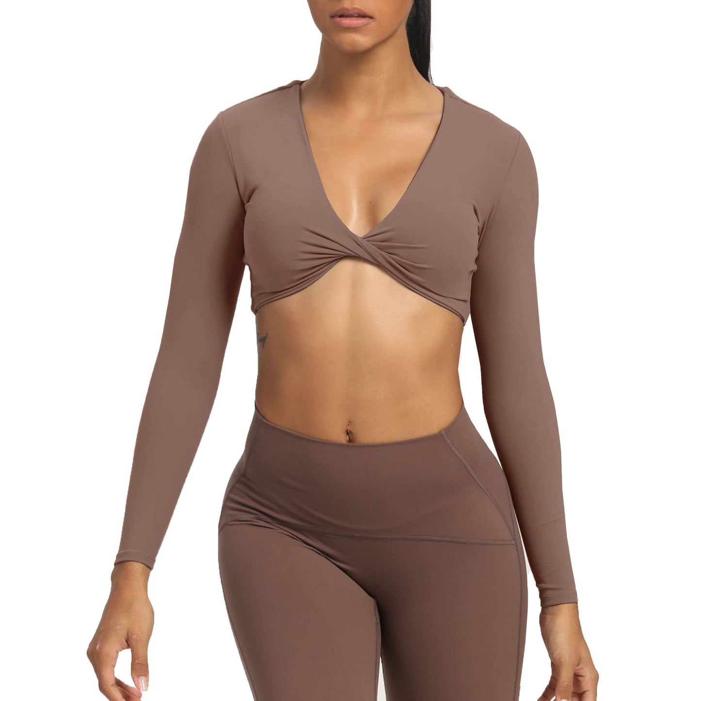 Aoxjox Long Sleeve Crop Tops for Women Sienna Twist Deep V Workout Crop T Shirt Top