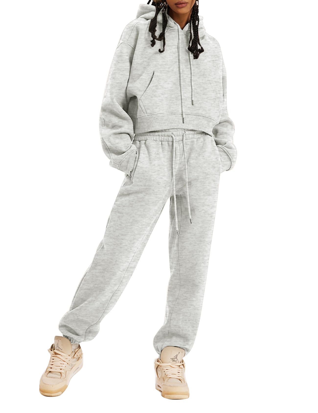 Kissonic Women's Fleece Jogger Sets 2 Pieces Sweatsuits Outfits Crop Top Hoodies Jogger Pants