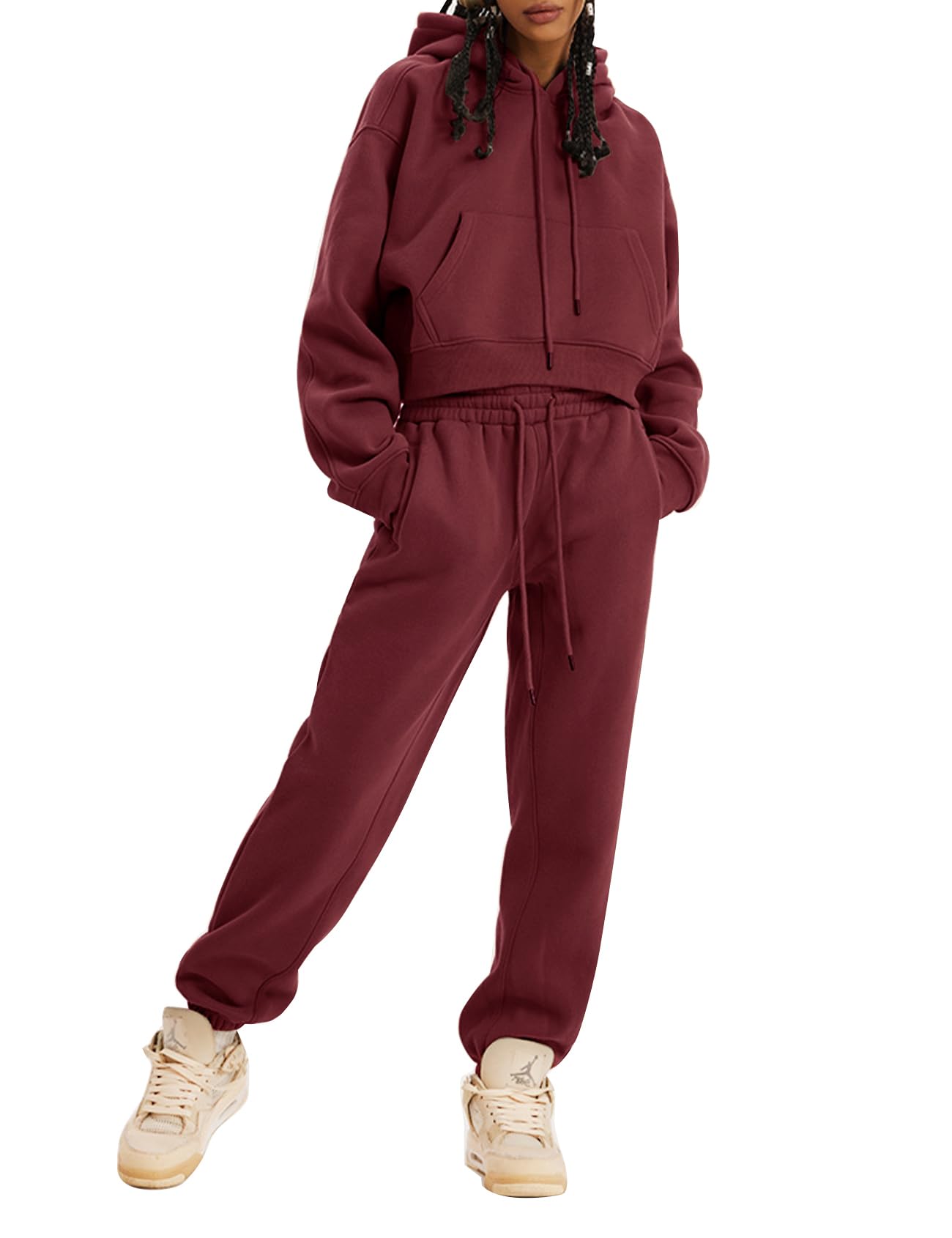 Kissonic Women's Fleece Jogger Sets 2 Pieces Sweatsuits Outfits Crop Top Hoodies Jogger Pants