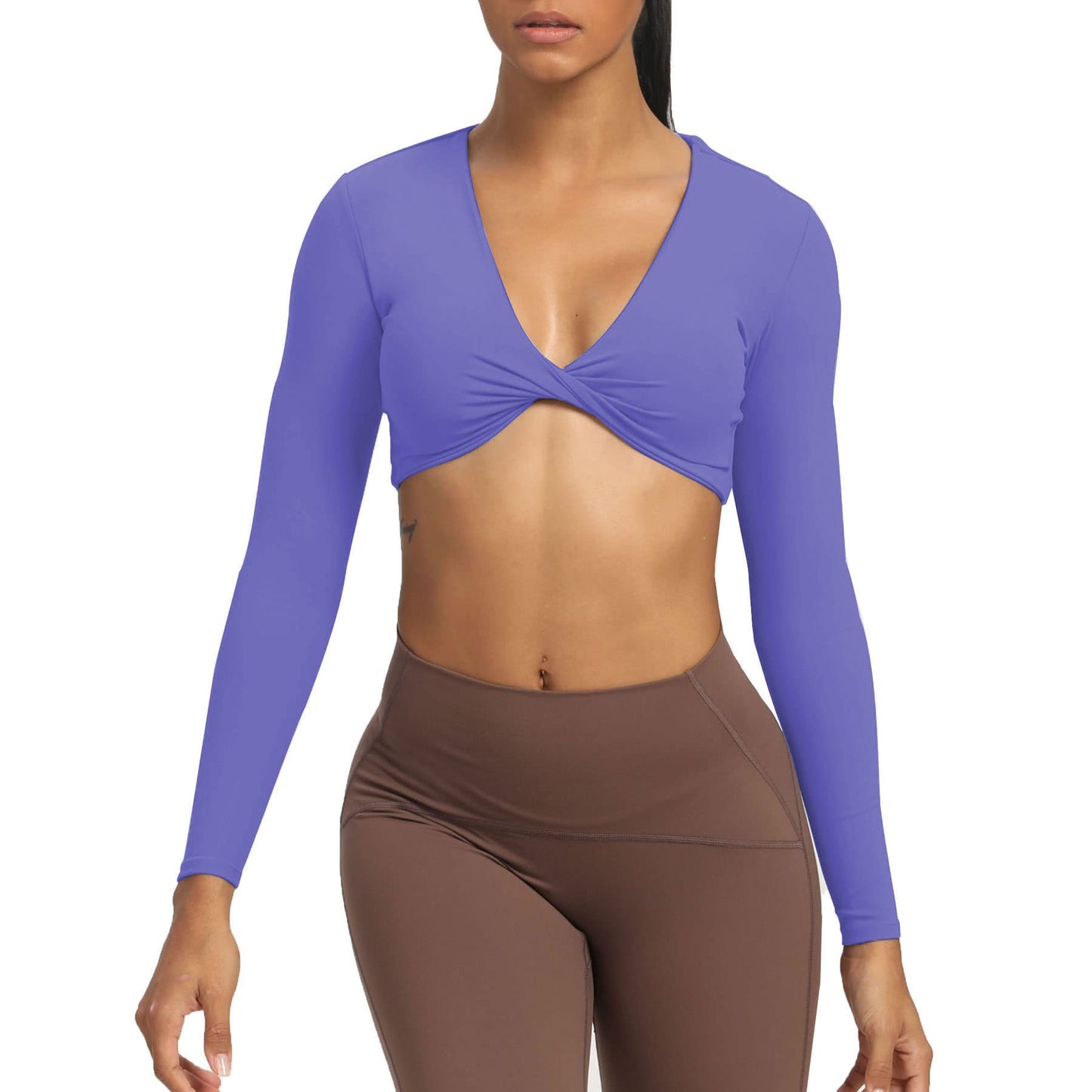 Aoxjox Long Sleeve Crop Tops for Women Sienna Twist Deep V Workout Crop T Shirt Top