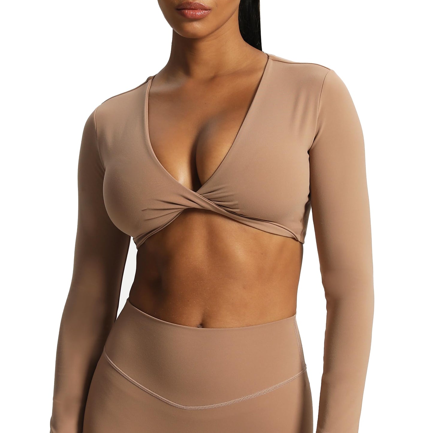 Aoxjox Long Sleeve Crop Tops for Women Sienna Twist Deep V Workout Crop T Shirt Top