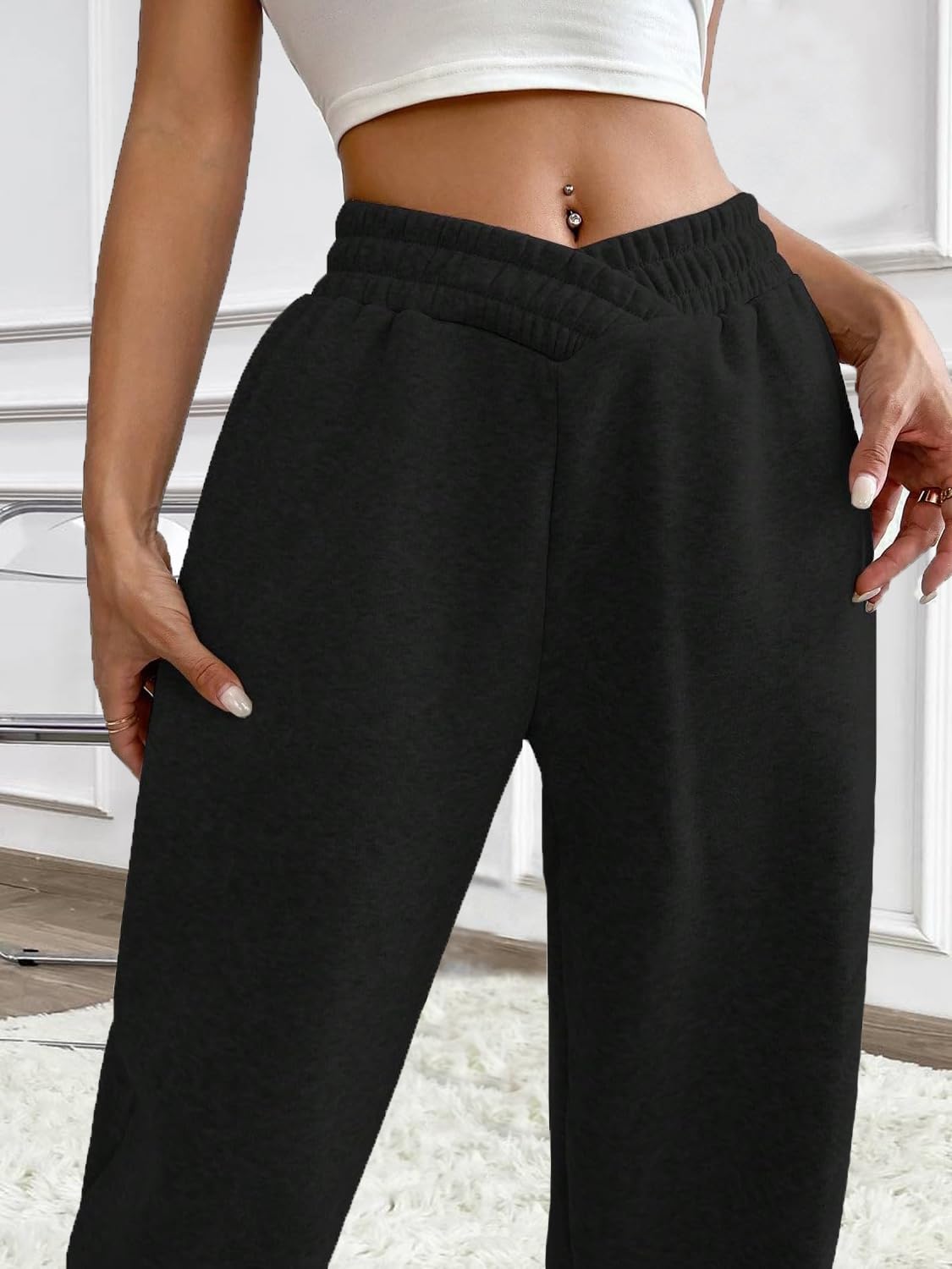 HOPYOP Women's Casual Joggers Pants V Crossover High Waisted Baggy Lounge Bottoms Pants Leggings