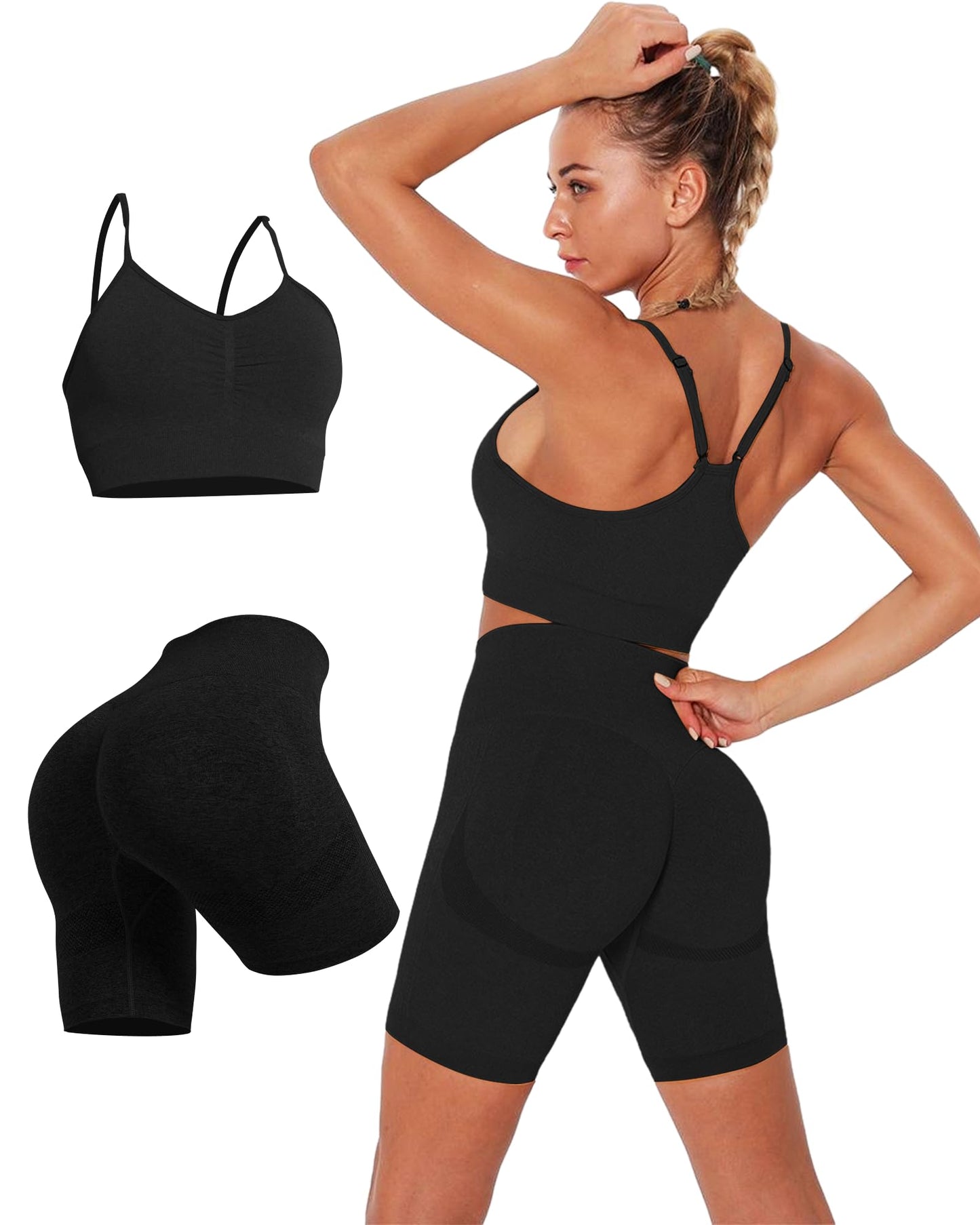 Workout Sets for Women 2 Piece Strappy Sports Bra High Waist Booty Biker Shorts Exercise Gym Yoga Outfits