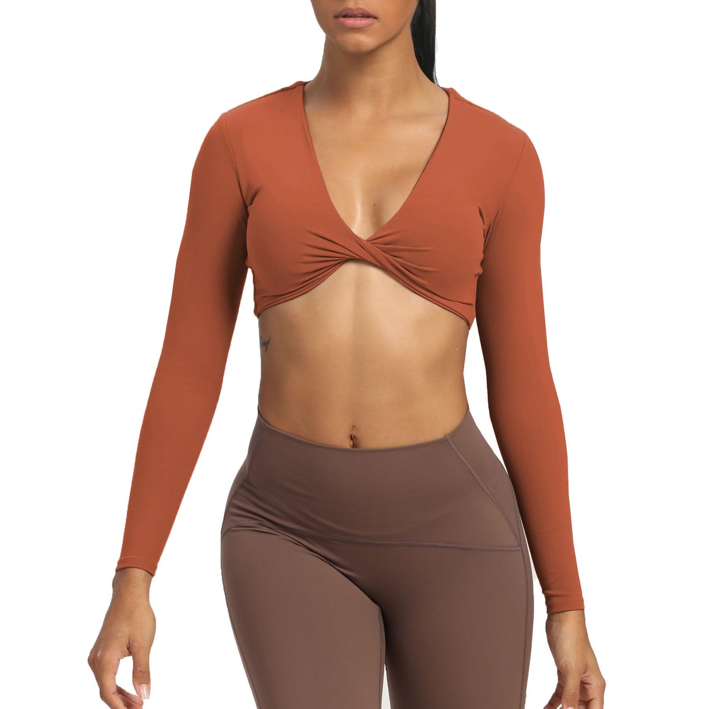 Aoxjox Long Sleeve Crop Tops for Women Sienna Twist Deep V Workout Crop T Shirt Top