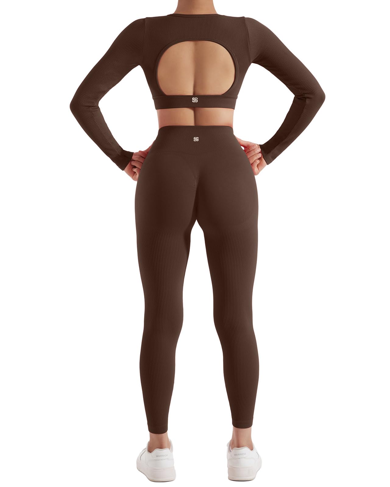 SUUKSESS Open Back Long Sleeve Scrunch Butt Booty Leggings Seamless Ribbed Workout Sets 2 Piece Outfits