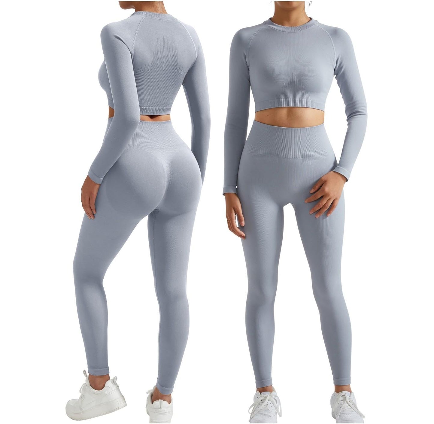 RXRXCOCO Seamless Workout Sets for Women 2 Piece Hidden Scrunch Butt Lifting Leggings Raglan Sleeves Crop Tops Matching