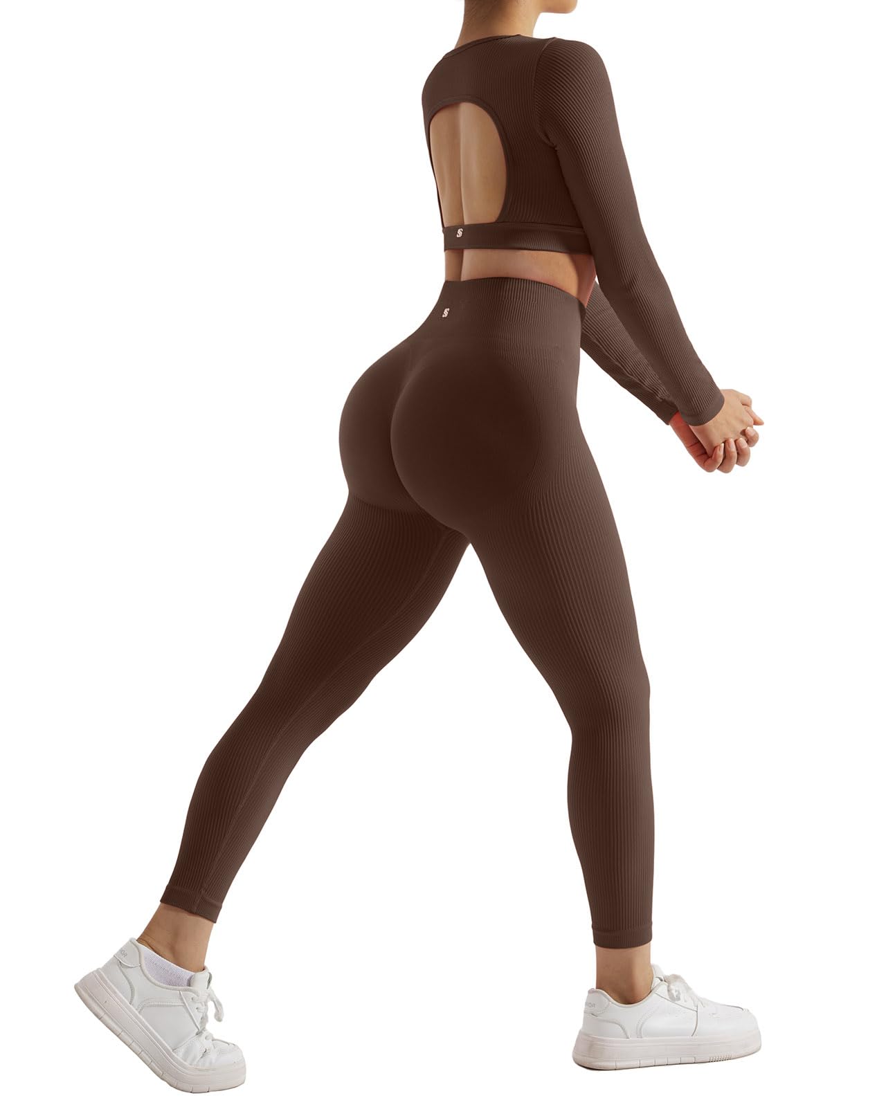 SUUKSESS Open Back Long Sleeve Scrunch Butt Booty Leggings Seamless Ribbed Workout Sets 2 Piece Outfits