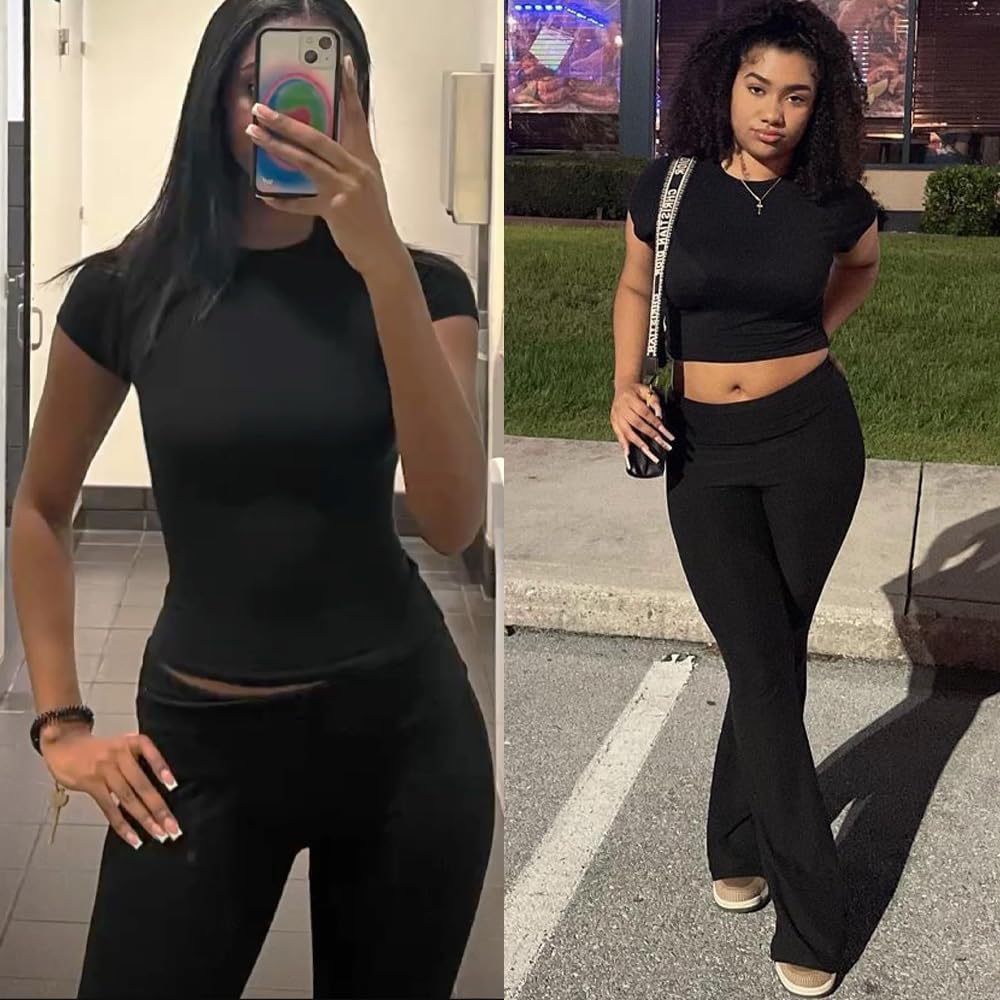 ZFLM Casual Workout Two Piece Outfits for Women Short Sleeve Crop High Waist Foldover Flare Pants Tracksuit Sets Streetwear